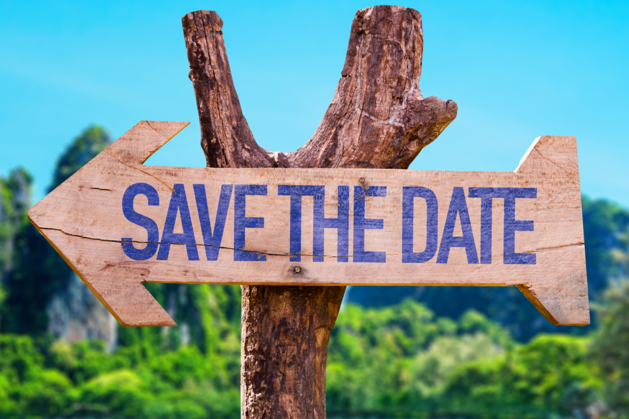 a sign of an arrow labeled with the words “save the date” with a beach background for a destination wedding