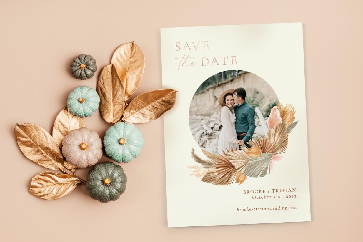 Fall Save the Dates with rose gold foil and pumpkins