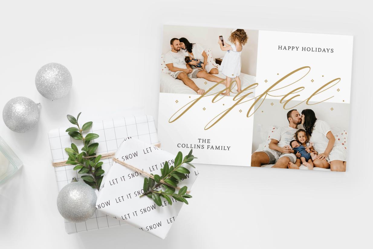 Elegant Christmas Cards with white presents and Christmas bulbs