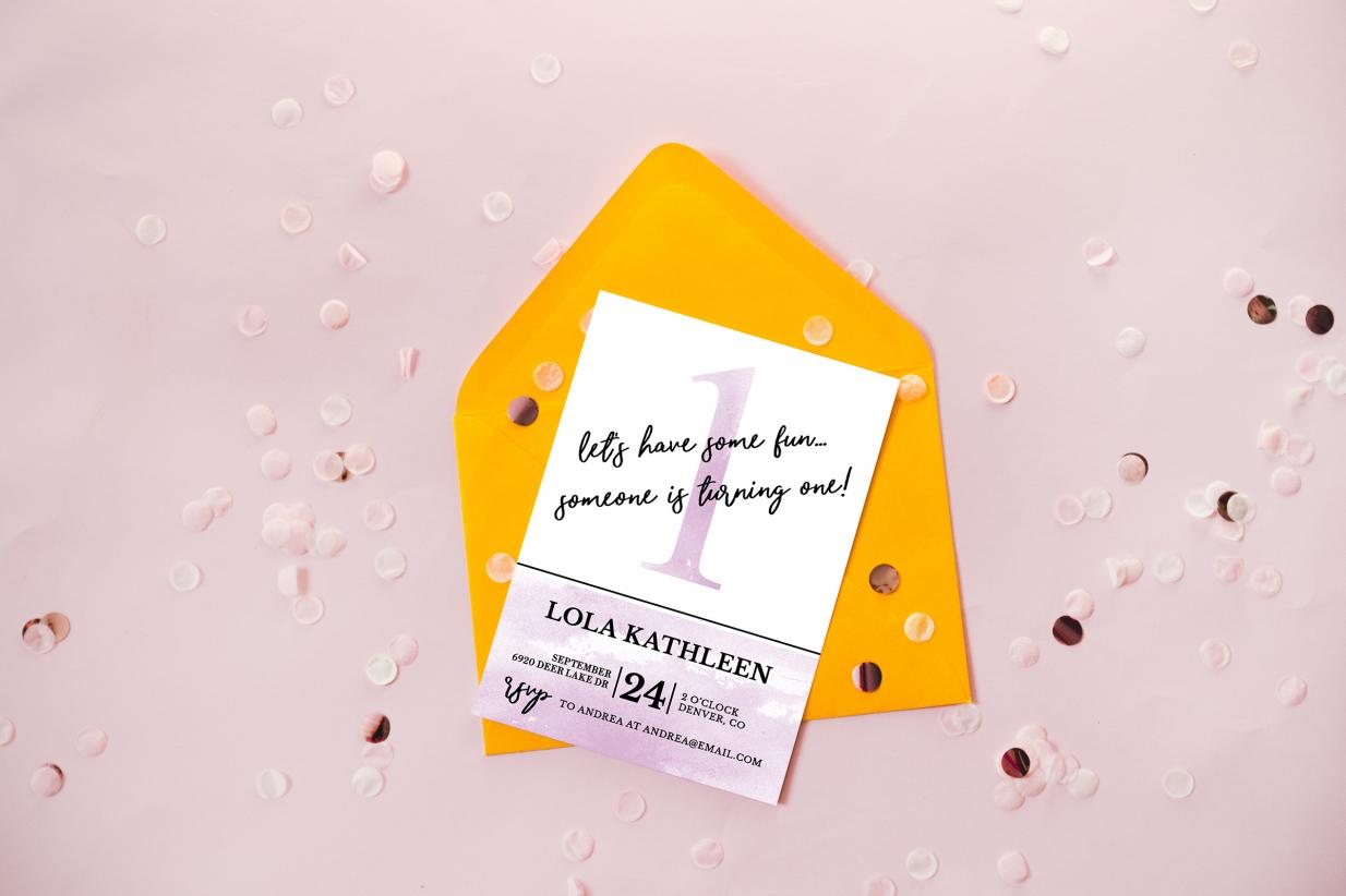 Birthday party invitation on top of yellow envelope surrounded by confetti