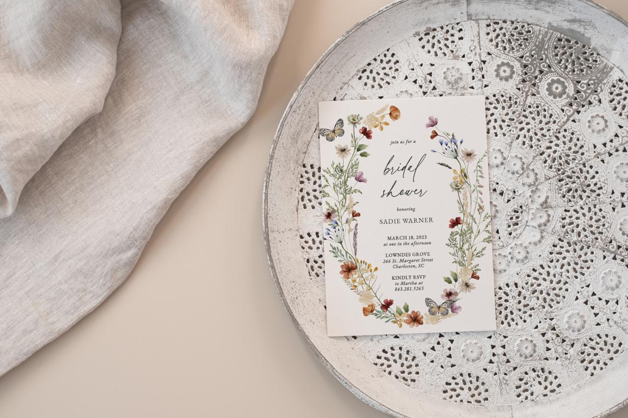 Pretty Floral Bridal Shower Invitation on a vintage tray