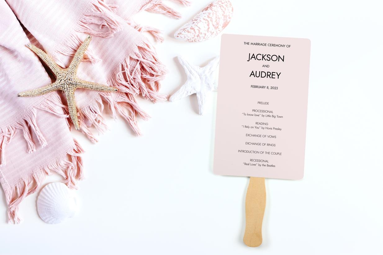 Beach Wedding Program Fans with starfish and beach blanket