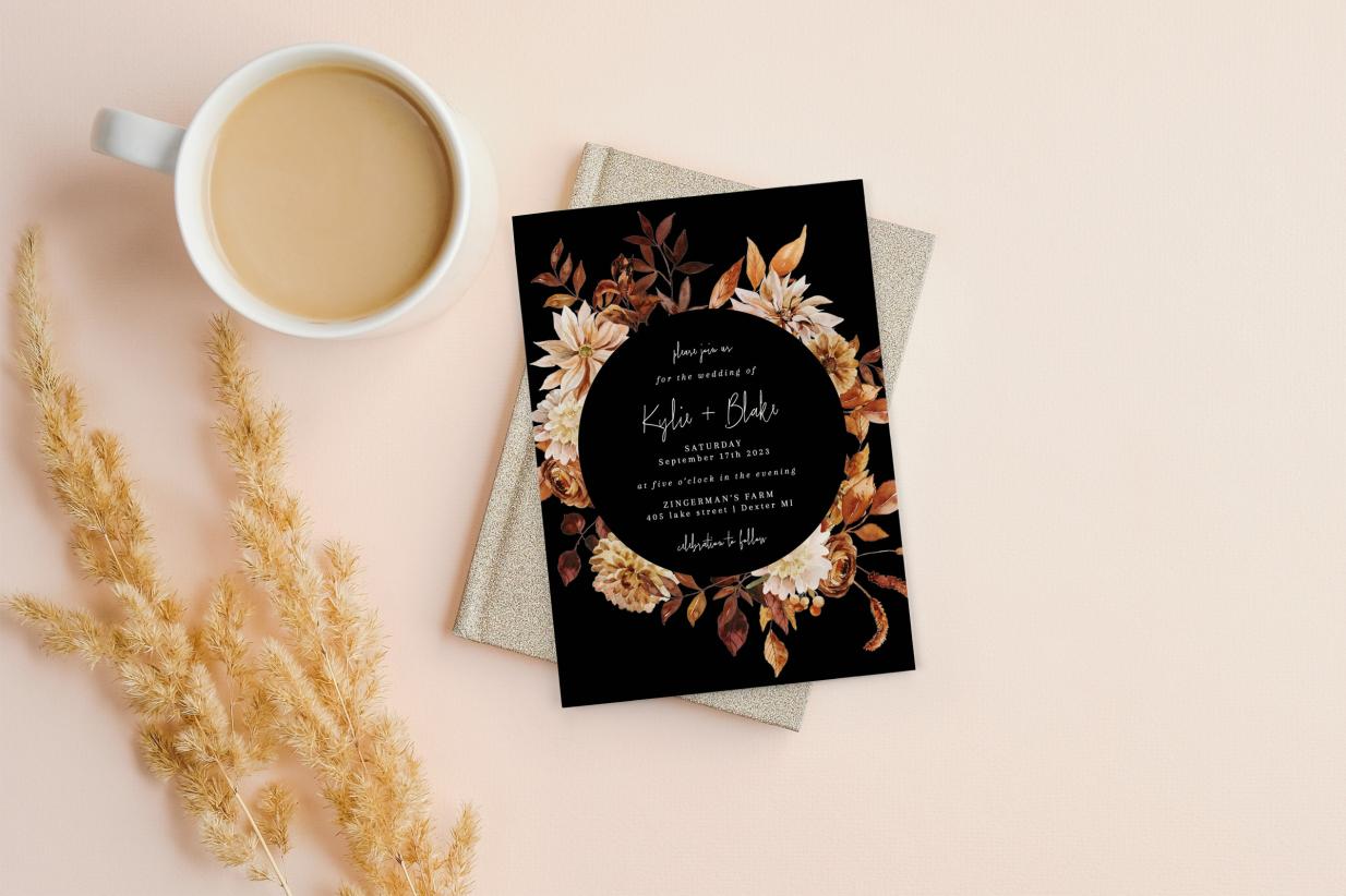 Rustic Wedding Invitation with graphic blooms and coffee