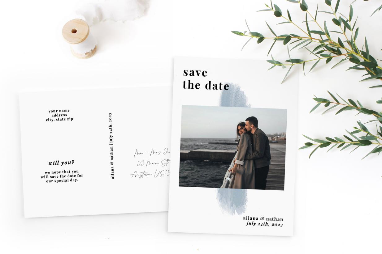 Save the Date Postcard with trendy greenery sprig