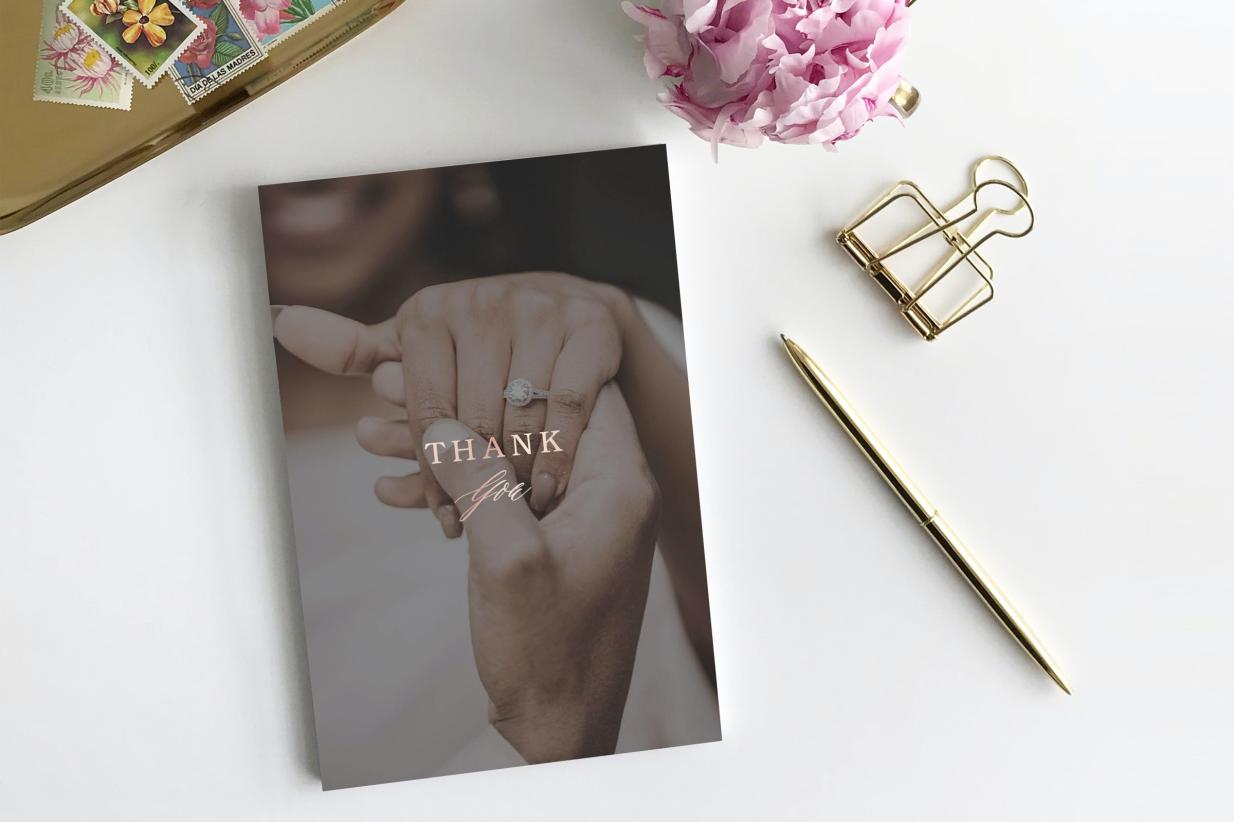 Unique Thank You Cards with a photo and gold foil with stamps and a flower