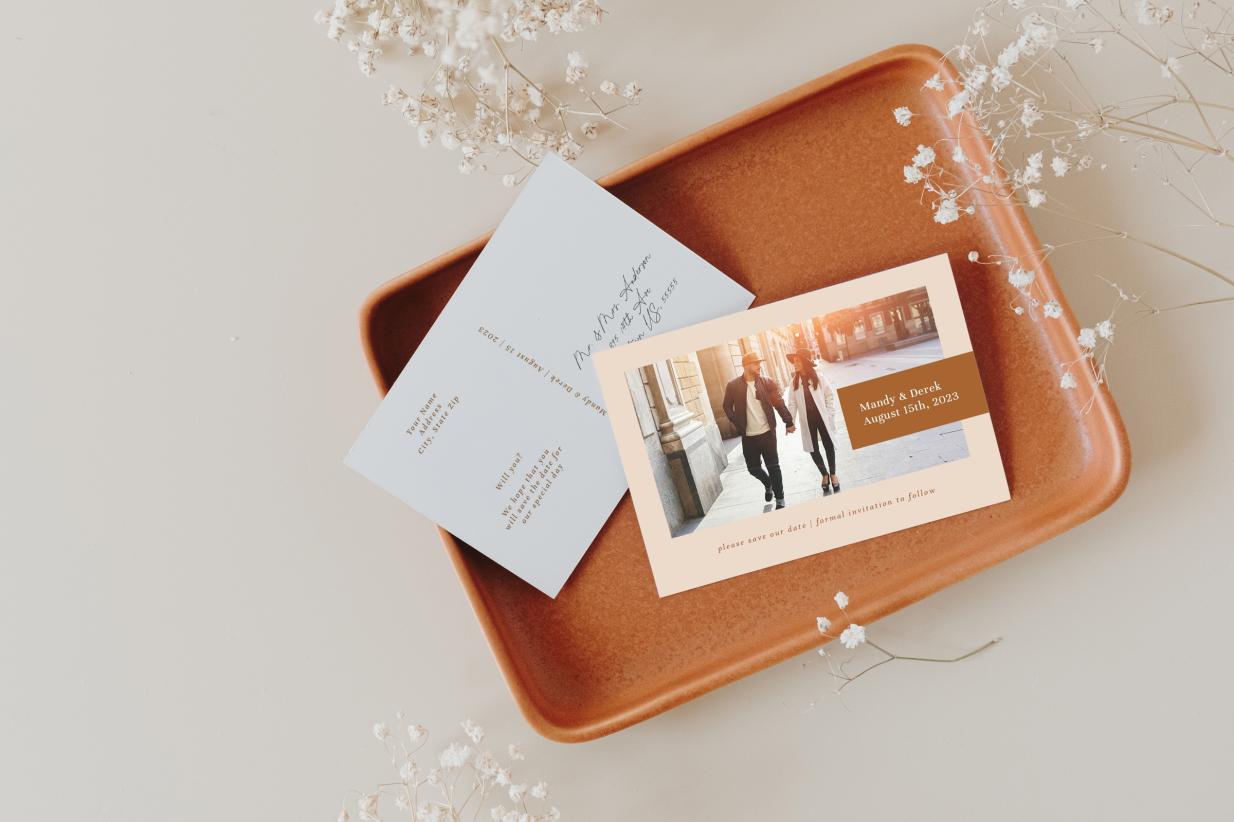 Save the Date Postcards on a tray