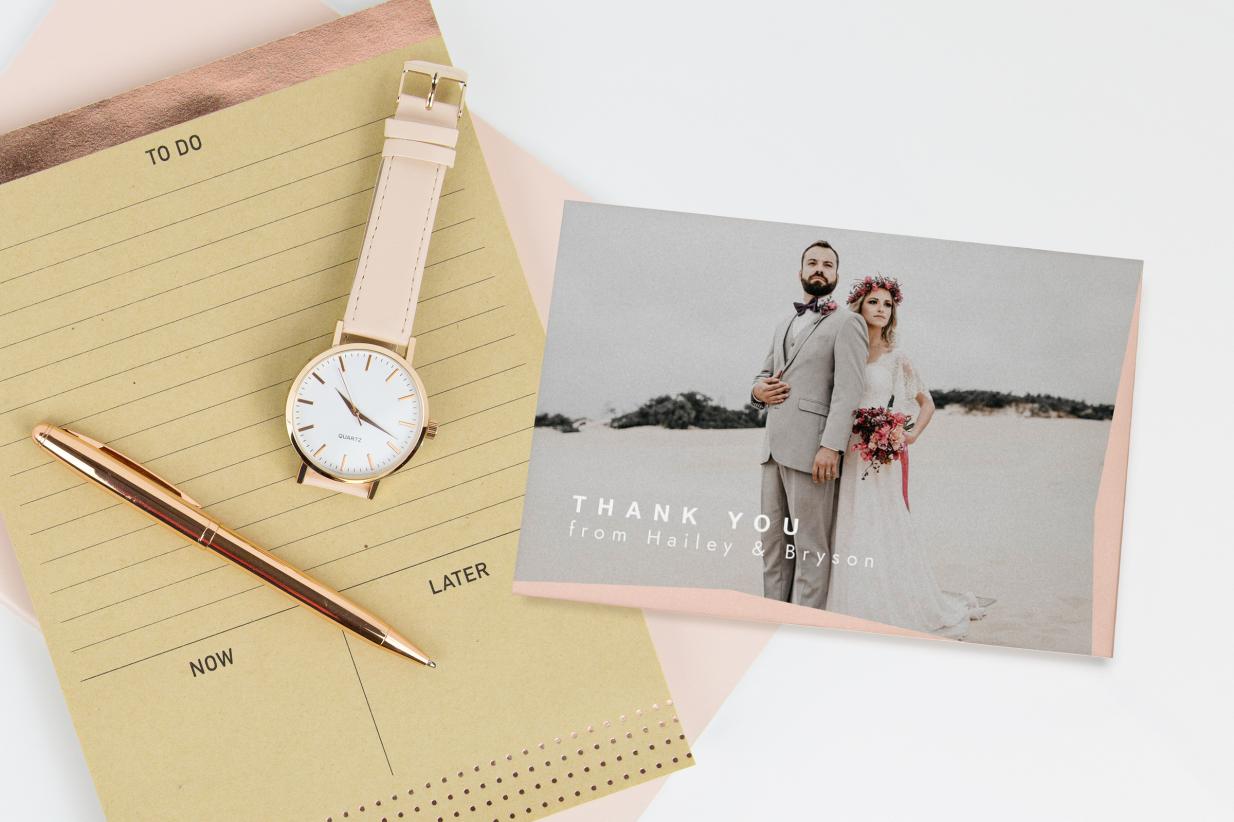 Wedding Thank You Folded Cards with a watch and to do list