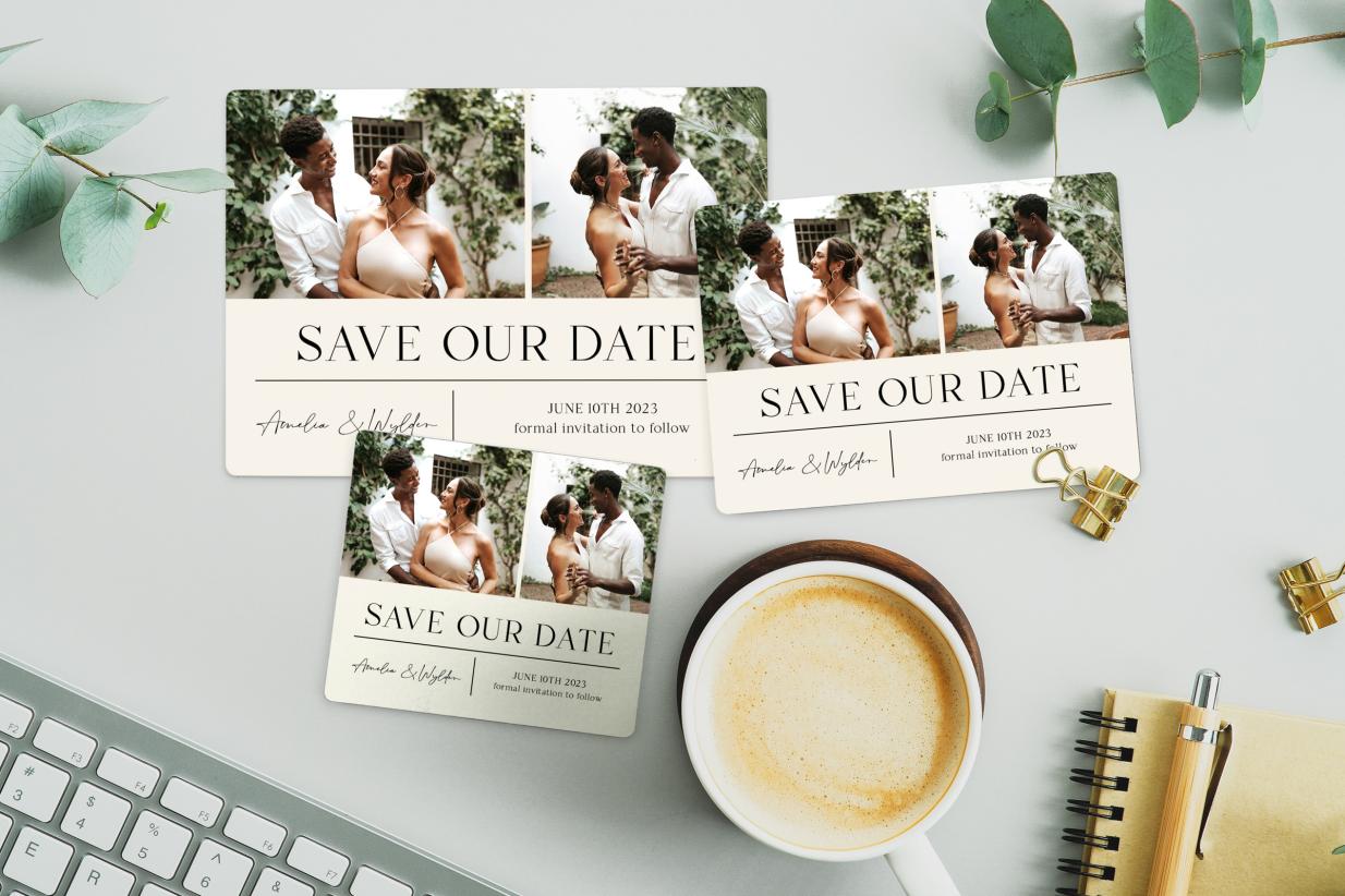 Save the Date Magnets 3 sizes on a desk
