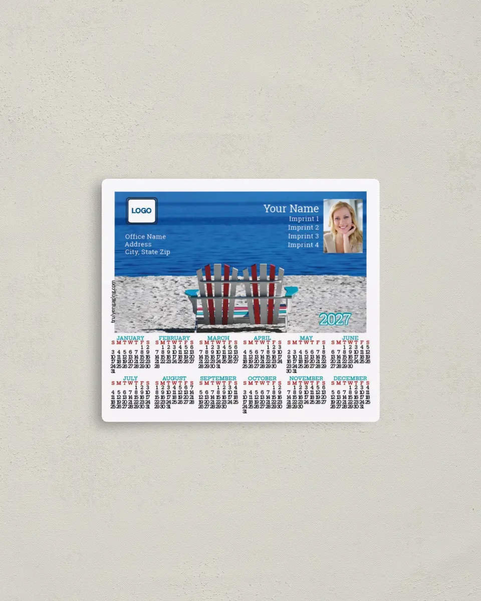 This is a 3½" x 4" Full Magnet Calendar called Beach Chairs printed in full color with a Standard Gloss finish