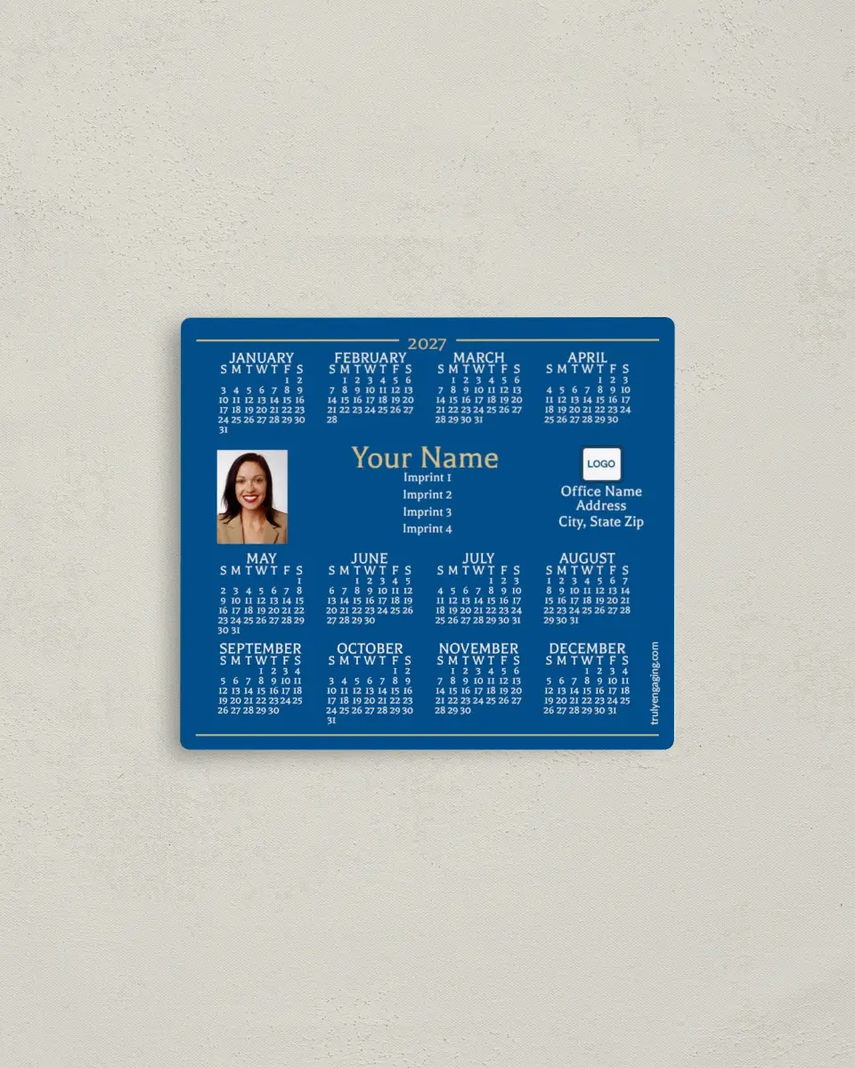 This is a 3½" x 4" Full Magnet Calendar called Dark Blue Background with Gold and White printed in full color with a Standard Gloss finish