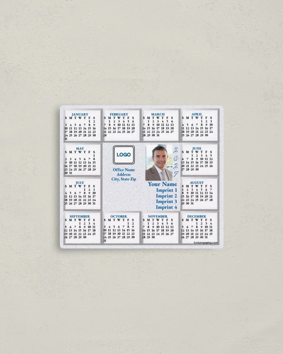 This is a 3½" x 4" Full Magnet Calendar called Gray Parchment Background with Blue printed in full color with a Standard Gloss finish