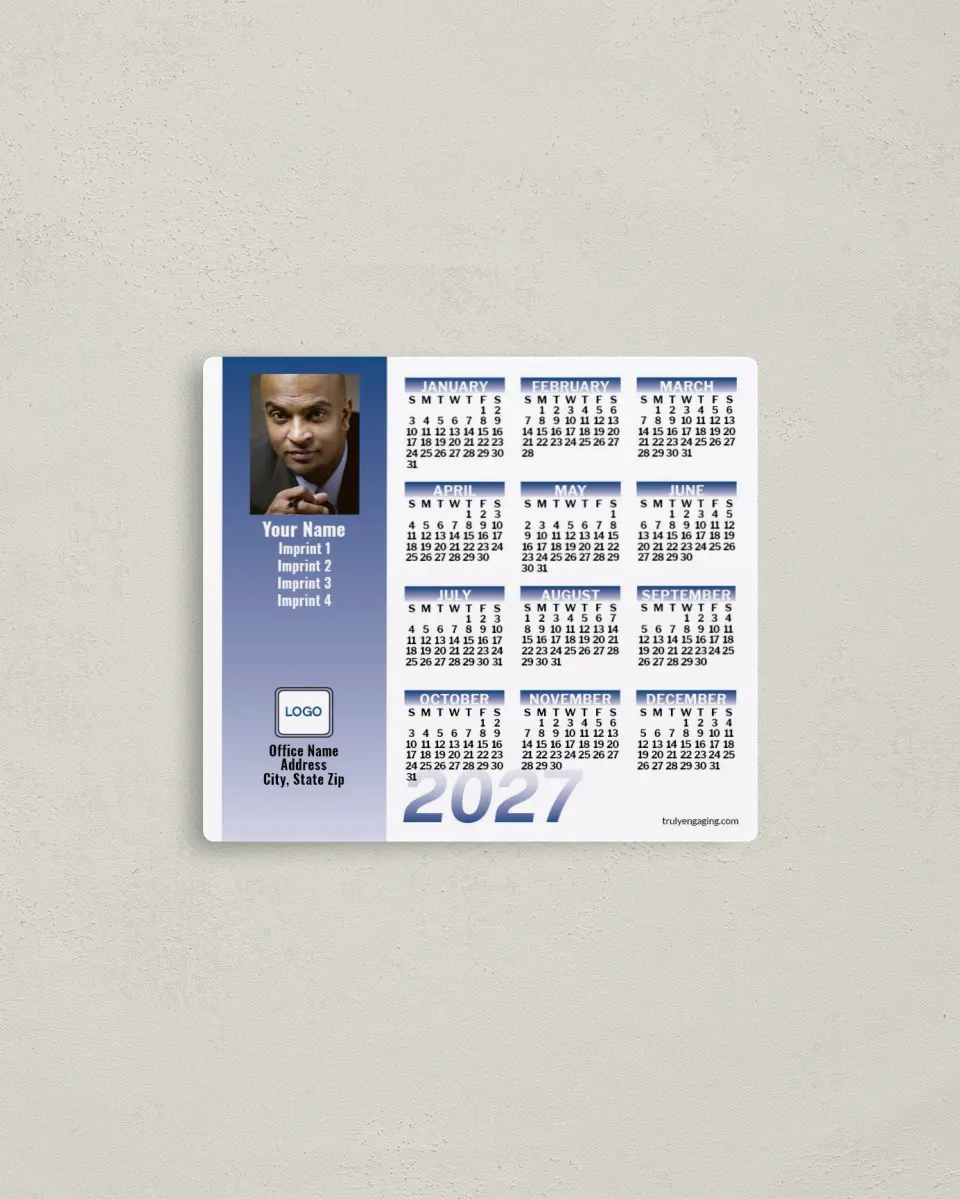This is a 3½" x 4" Full Magnet Calendar called White Background with Blue-Purple Accents printed in full color with a Standard Gloss finish