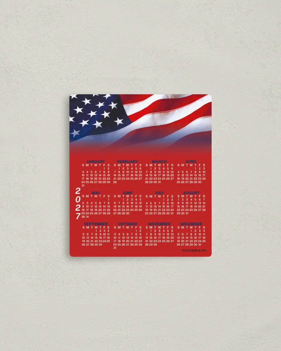 This is a 3½" x 4" Full Magnet Calendar called Flag Fading to Red printed in full color with a Standard Gloss finish