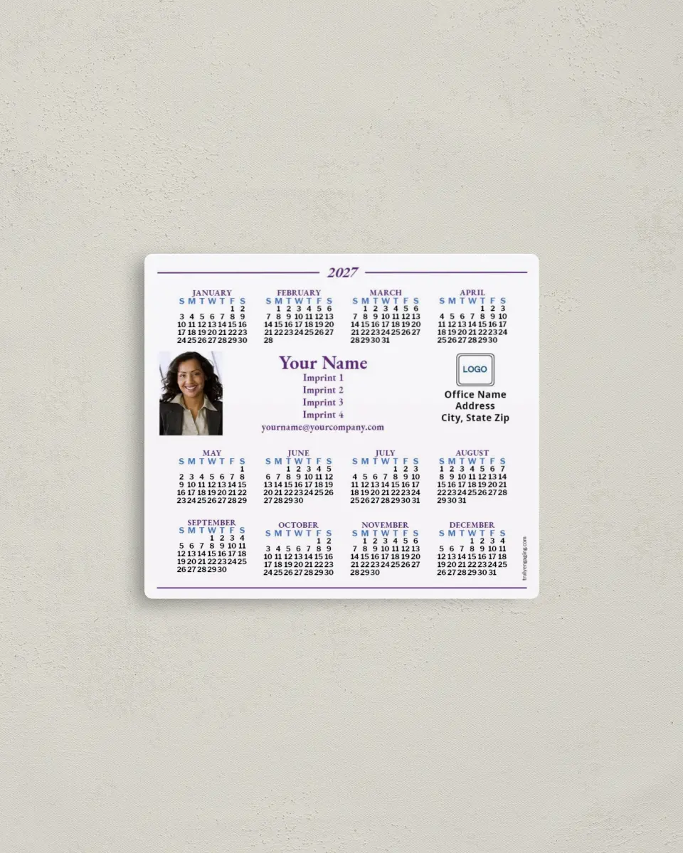 This is a 3½" x 4" Full Magnet Calendar called White Background with Purple and Blue printed in full color with a Standard Gloss finish