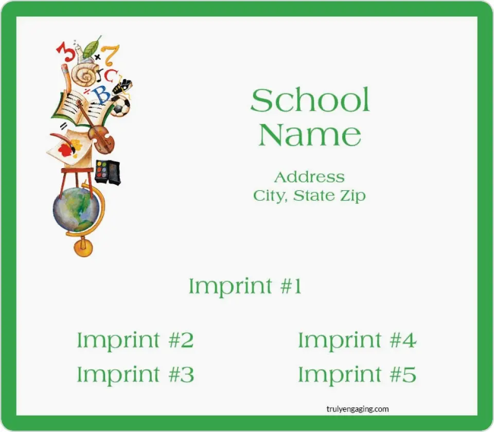 This is a 3½" x 4" School Contact Magnet called School Items in Corner printed in full color