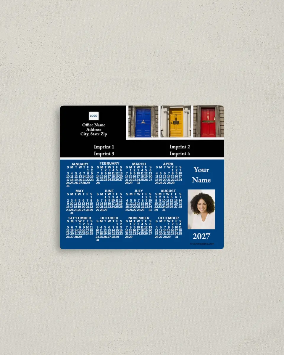 This is a 3½" x 4" Full Magnet Calendar called 3 Doors, Blue background printed in full color with a Standard Gloss finish