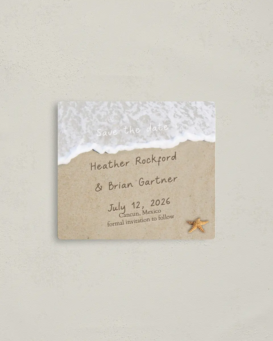 This is a 3½" x 4" Save the Date Magnet called Beach I Love You in Sand printed in full color with a Luxe Satin finish