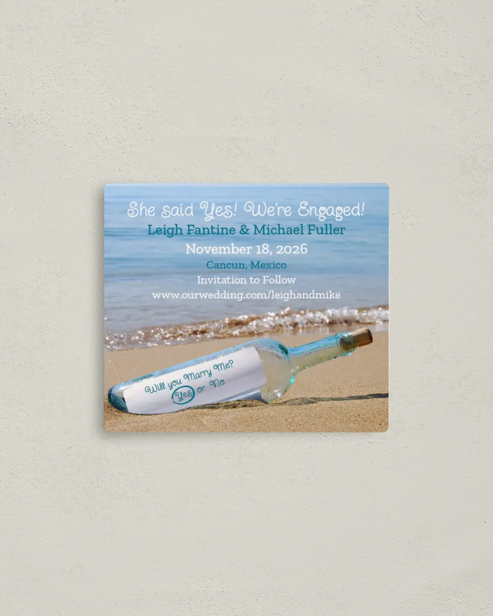 This is a 3½" x 4" Save the Date Magnet called A Message in a Bottle printed in full color with a Luxe Satin finish