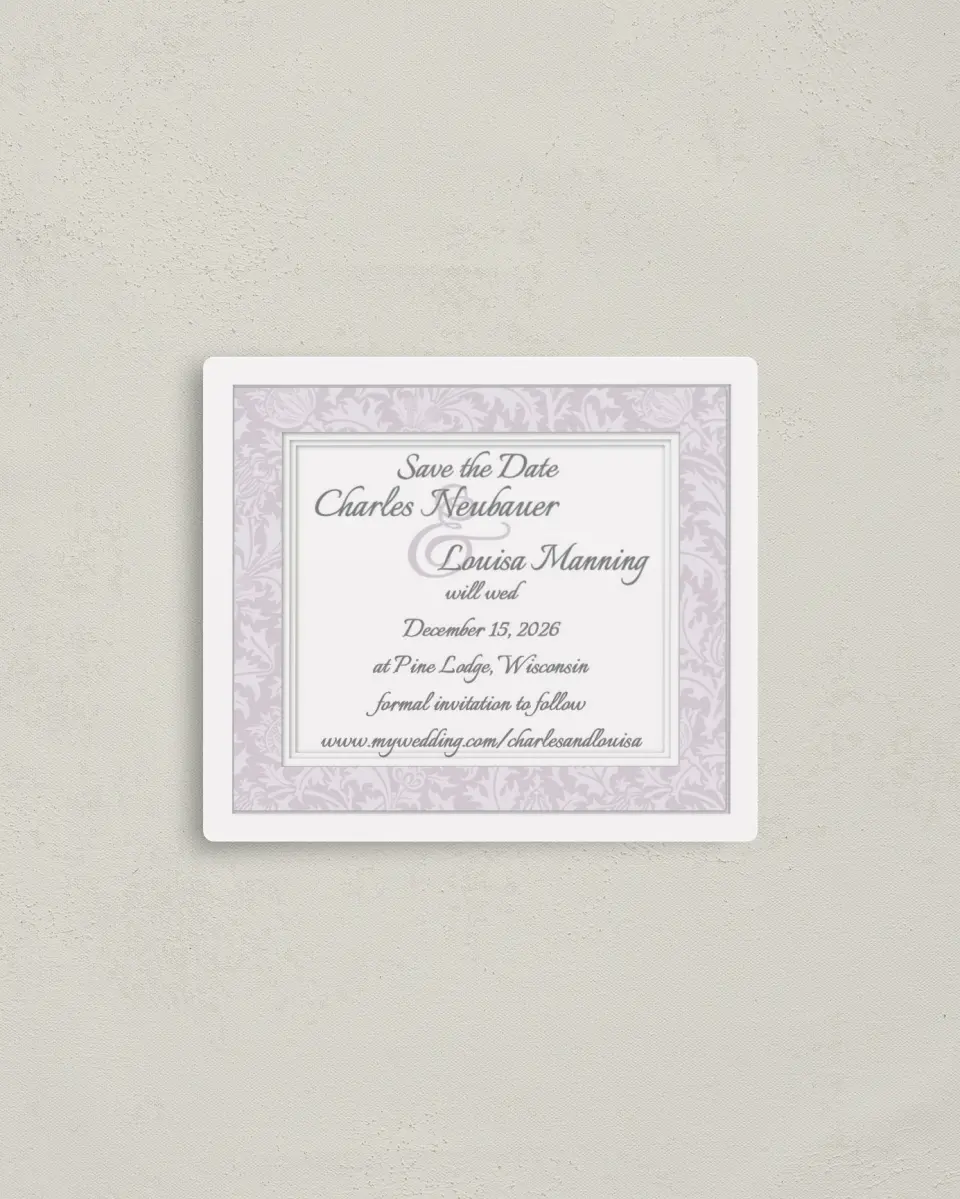 This is a 3½" x 4" Save the Date Magnet called Classic Violet printed in full color with a Luxe Satin finish