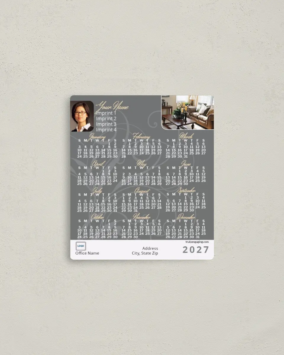 This is a 3½" x 4" Full Magnet Calendar called Professional Flourish printed in full color with a Standard Gloss finish