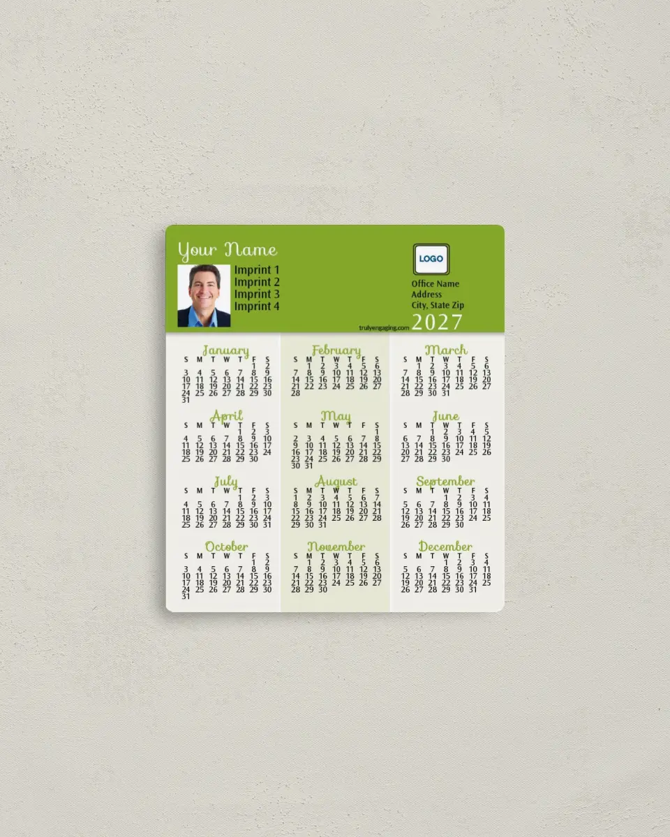 This is a 3½" x 4" Full Magnet Calendar called Name Tab printed in full color with a Standard Gloss finish