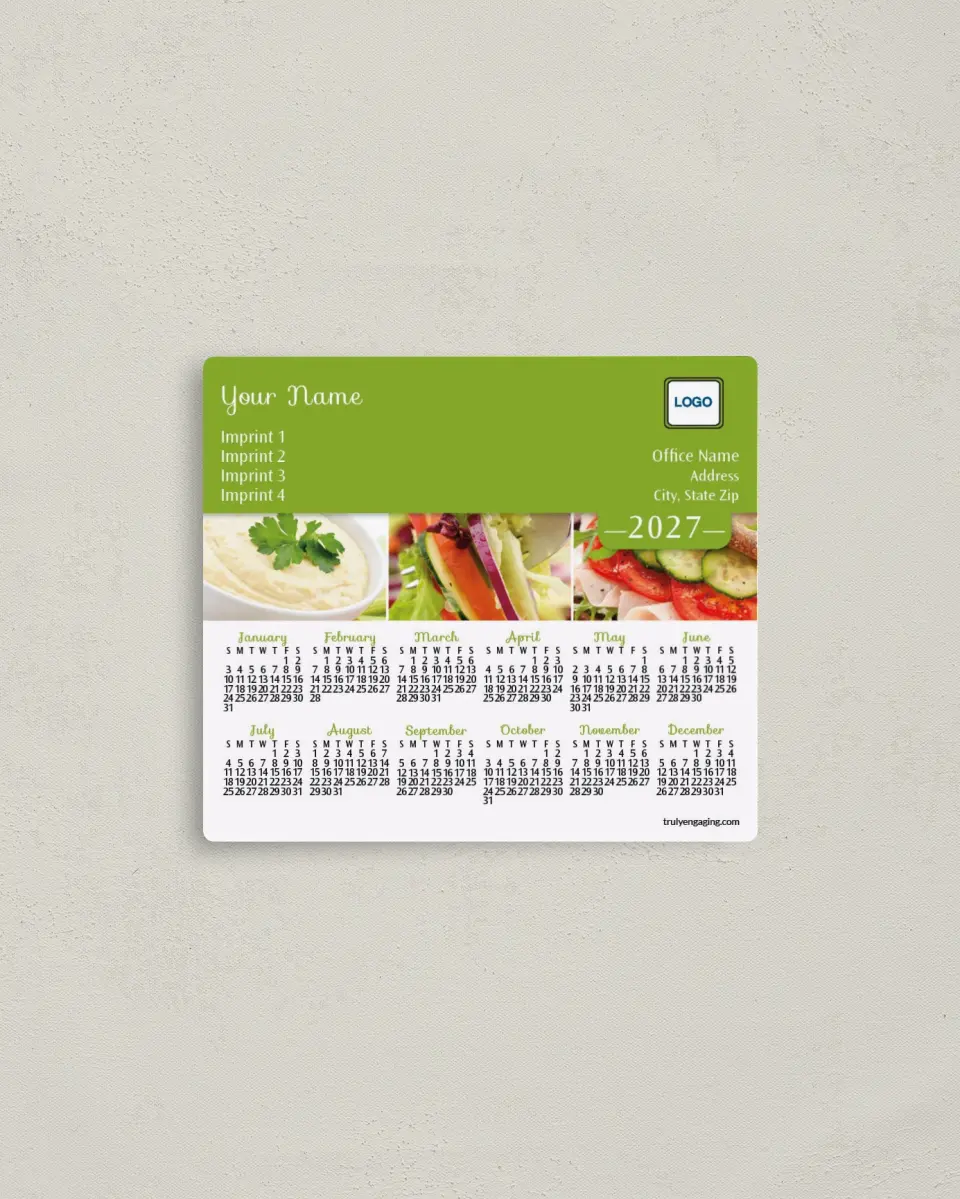 This is a 3½" x 4" Full Magnet Calendar called Food Photography printed in full color with a Standard Gloss finish