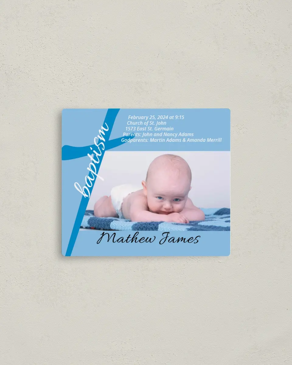 This is a 3½" x 4" Baptism Invitation Magnet called First Cross printed in full color with a Luxe Satin finish