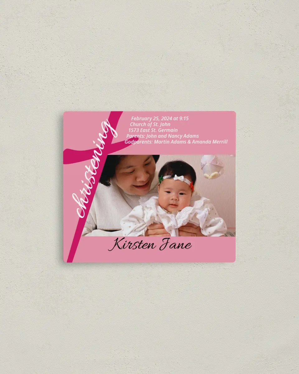 This is a 3½" x 4" Christening Invitation Magnet called First Cross printed in full color with a Luxe Satin finish