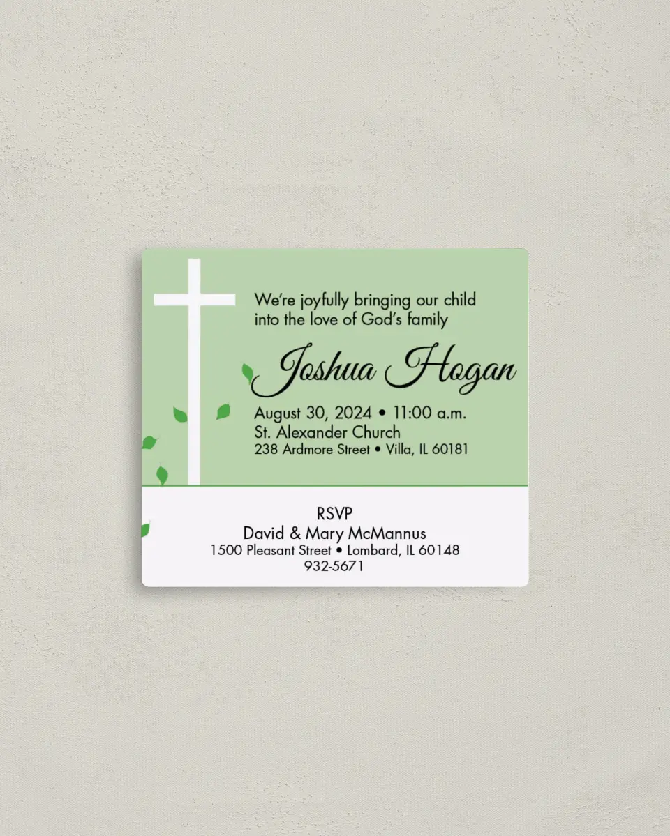 This is a 3½" x 4" Dedication Invitation Magnet called Cross with Leaves printed in full color with a Luxe Satin finish