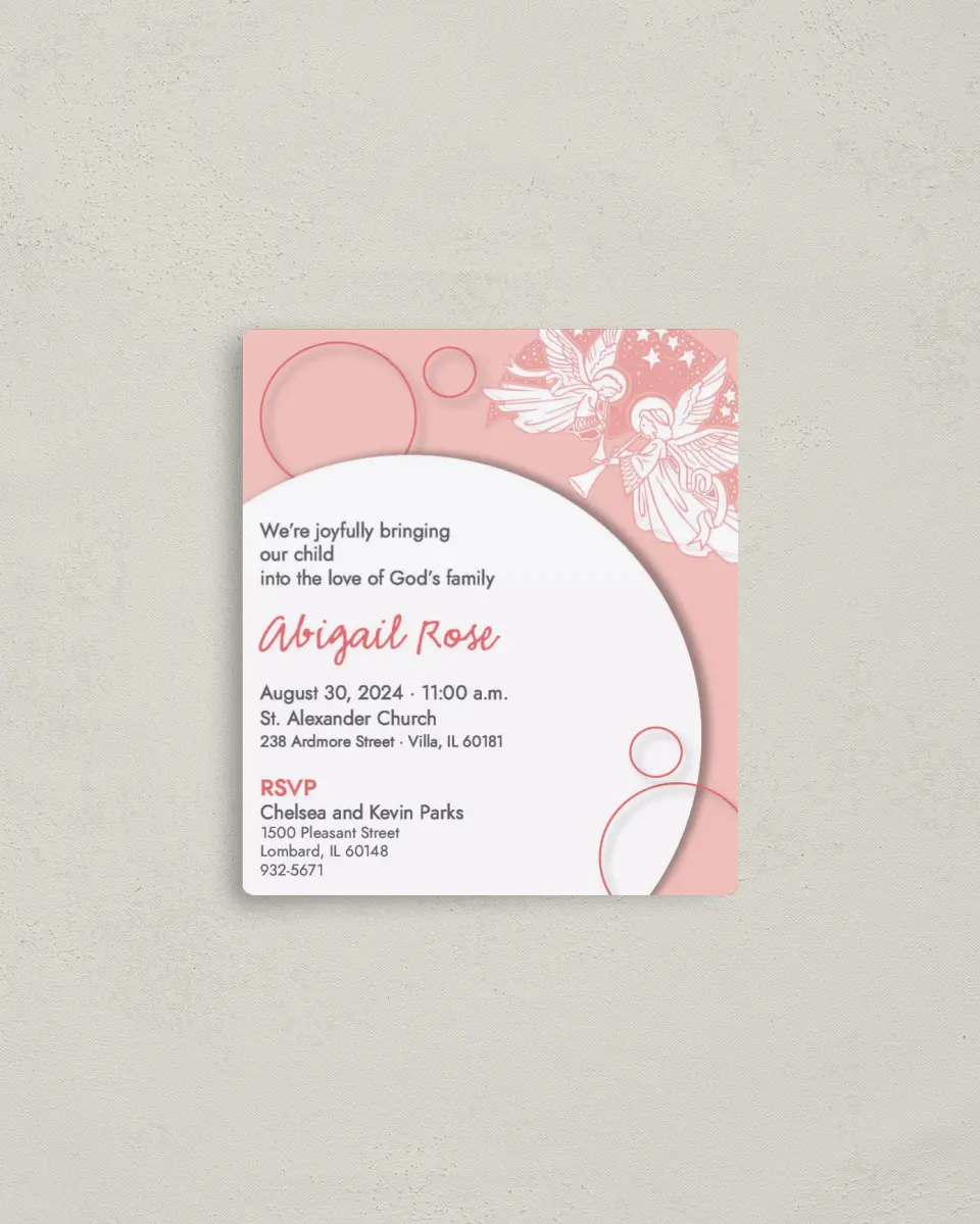 This is a 3½" x 4" Dedication Invitation Magnet called Angels & Circles printed in full color with a Luxe Satin finish
