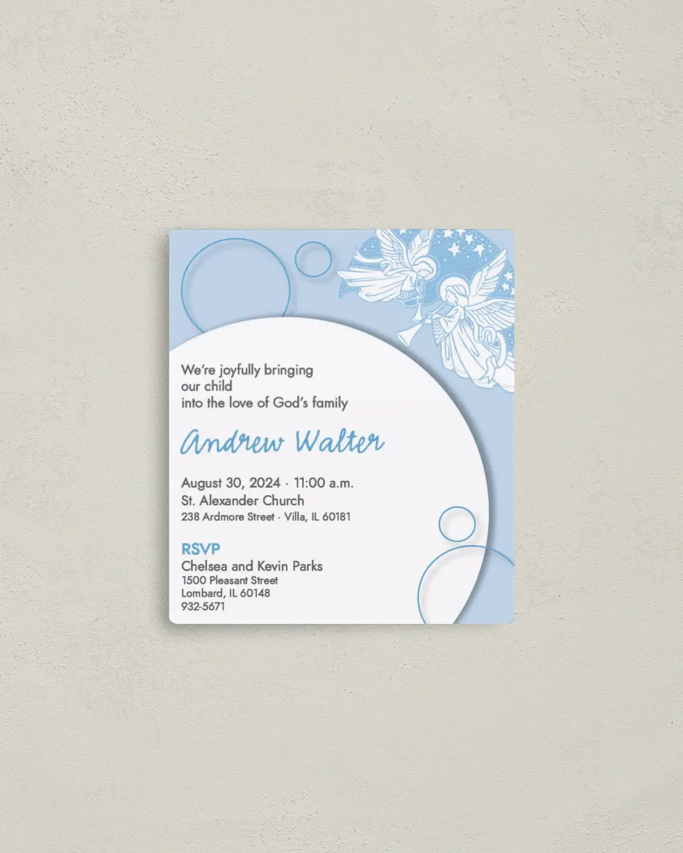 This is a 3½" x 4" Dedication Invitation Magnet called Angels & Circles printed in full color with a Luxe Satin finish