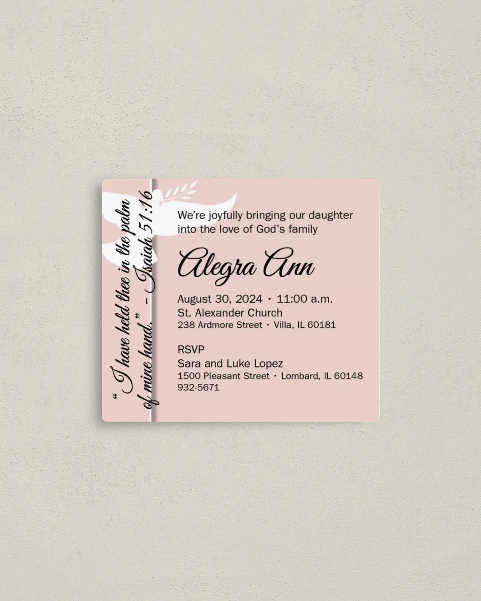 This is a 3½" x 4" Dedication Invitation Magnet called Dove printed in full color with a Luxe Satin finish