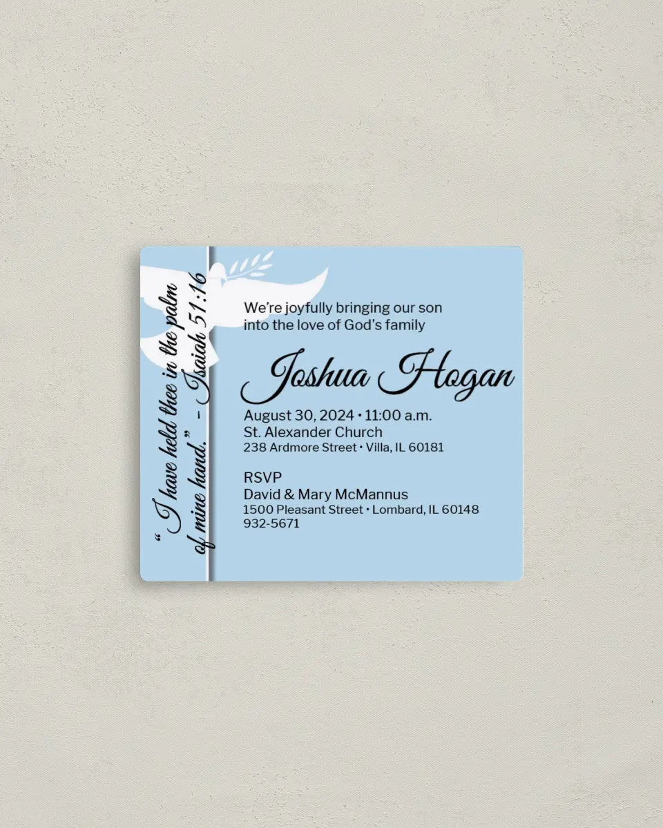 This is a 3½" x 4" Dedication Invitation Magnet called Dove printed in full color with a Luxe Satin finish