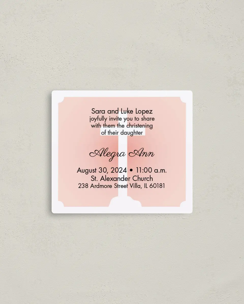 This is a 3½" x 4" Christening Invitation Magnet called Cross Background printed in full color with a Luxe Satin finish