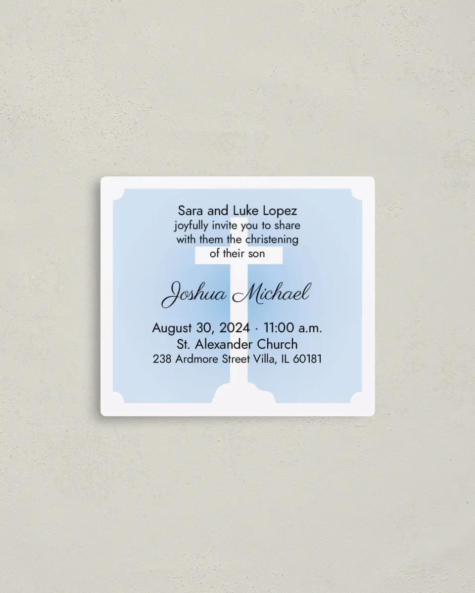 This is a 3½" x 4" Christening Invitation Magnet called Cross Background printed in full color with a Luxe Satin finish