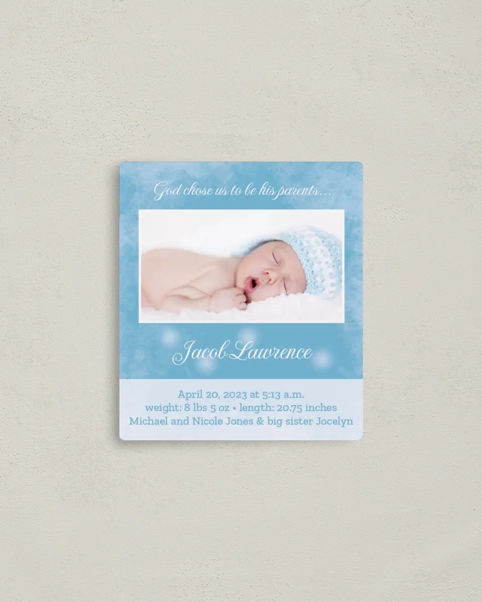 This is a 3½" x 4" Adoption Announcement Magnet called God Chose Us printed in full color with a Luxe Satin finish