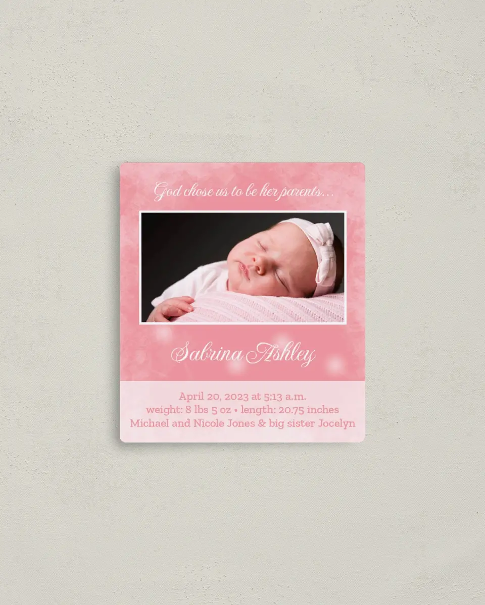 This is a 3½" x 4" Adoption Announcement Magnet called God Chose Us printed in full color with a Luxe Satin finish