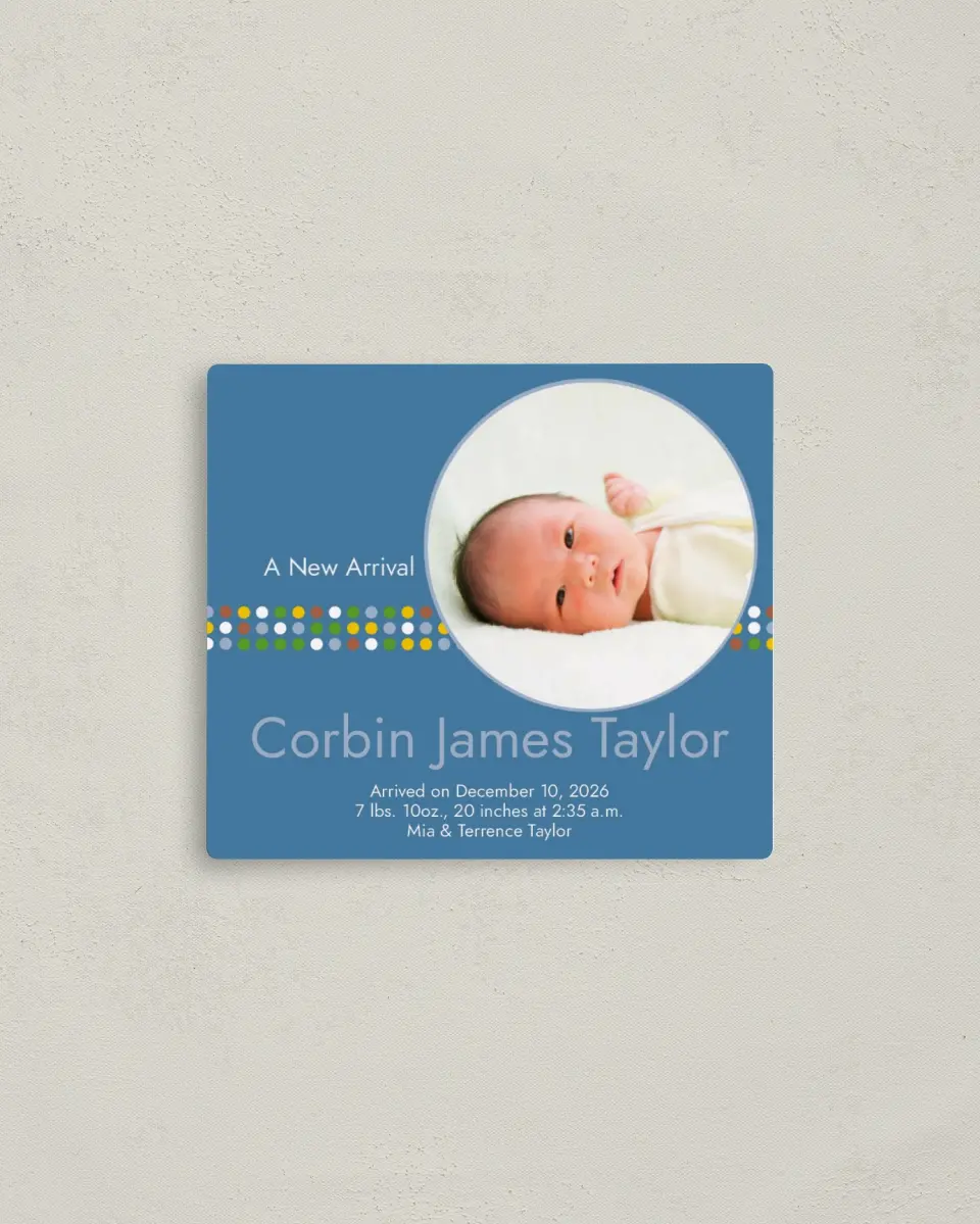 This is a 3½" x 4" Birth Announcement Magnet called New Arrival printed in full color with a Luxe Satin finish