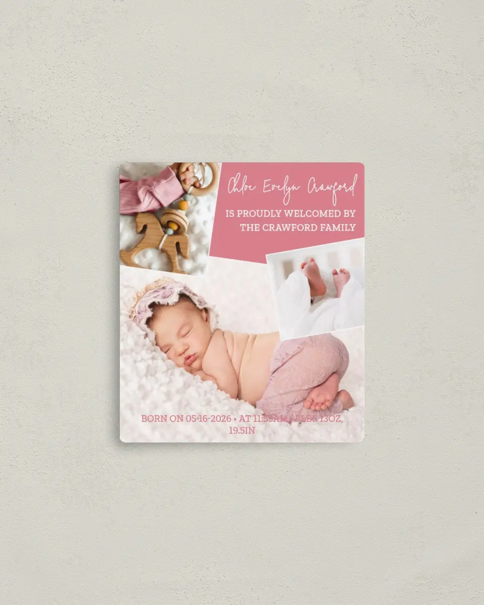 This is a 3½" x 4" Birth Announcement Magnet called Photo Collage printed in full color with a Luxe Satin finish