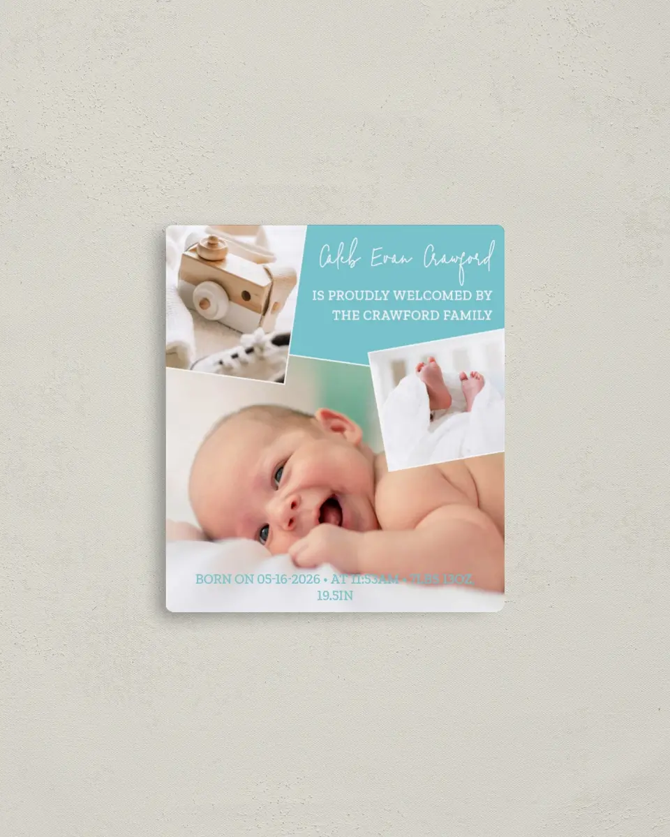 This is a 3½" x 4" Birth Announcement Magnet called Photo Collage printed in full color with a Luxe Satin finish