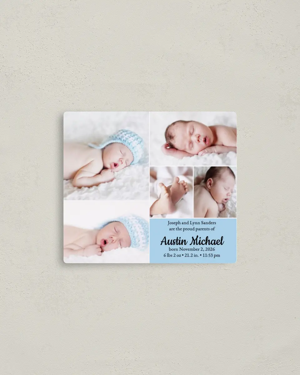 This is a 3½" x 4" Birth Announcement Magnet called Photo Collage printed in full color with a Luxe Satin finish
