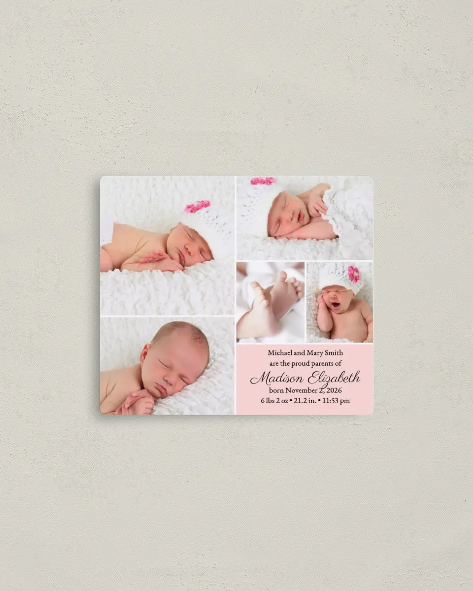 This is a 3½" x 4" Birth Announcement Magnet called Photo Collage printed in full color with a Luxe Satin finish