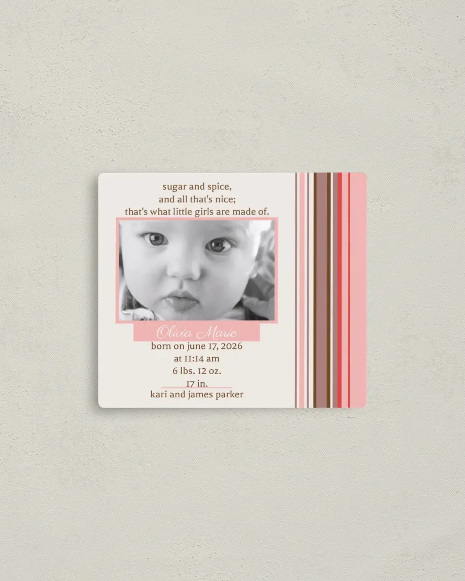 This is a 3½" x 4" Birth Announcement Magnet called Colorful Stripes printed in full color with a Luxe Satin finish
