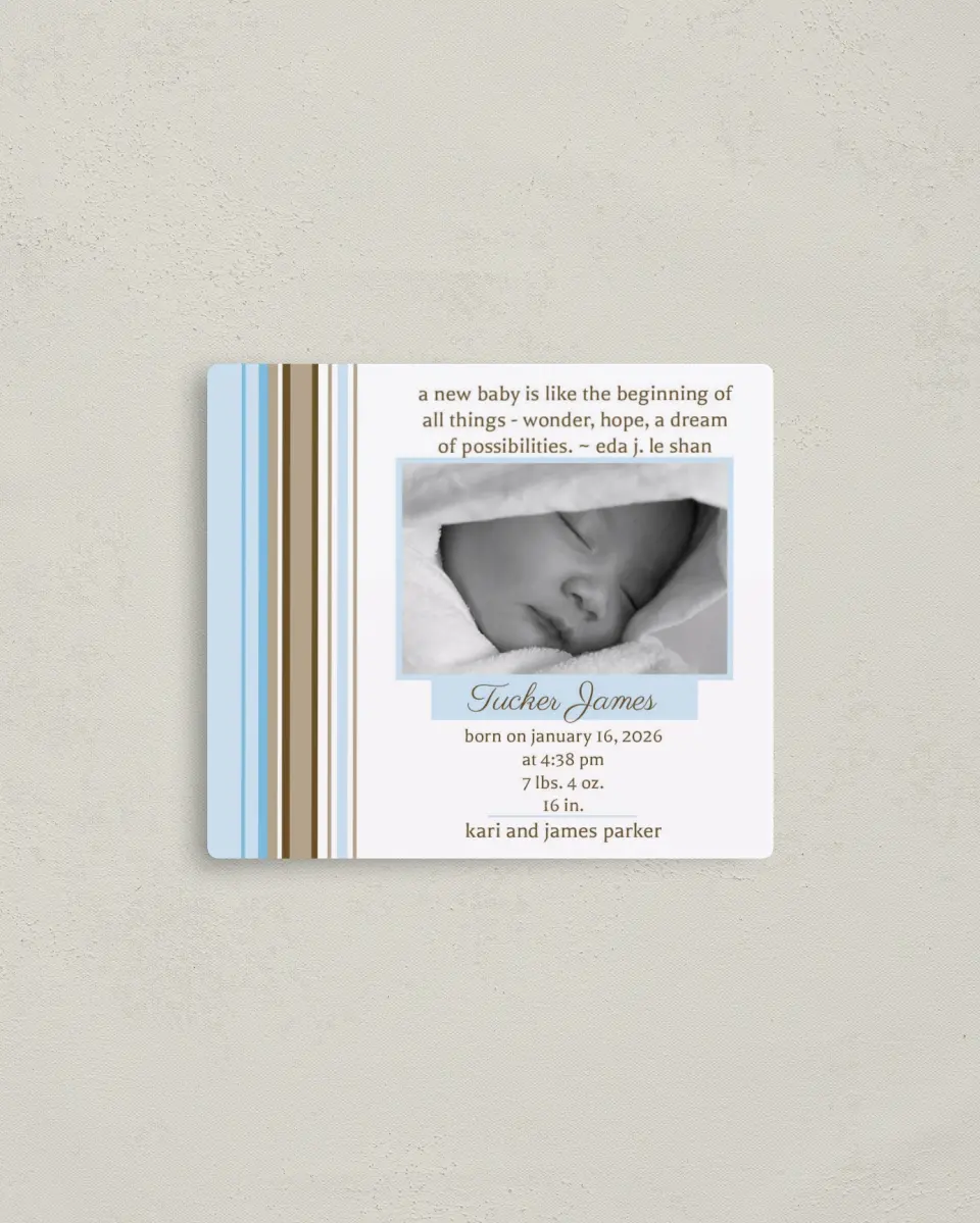 This is a 3½" x 4" Birth Announcement Magnet called Colorful Stripes printed in full color with a Luxe Satin finish