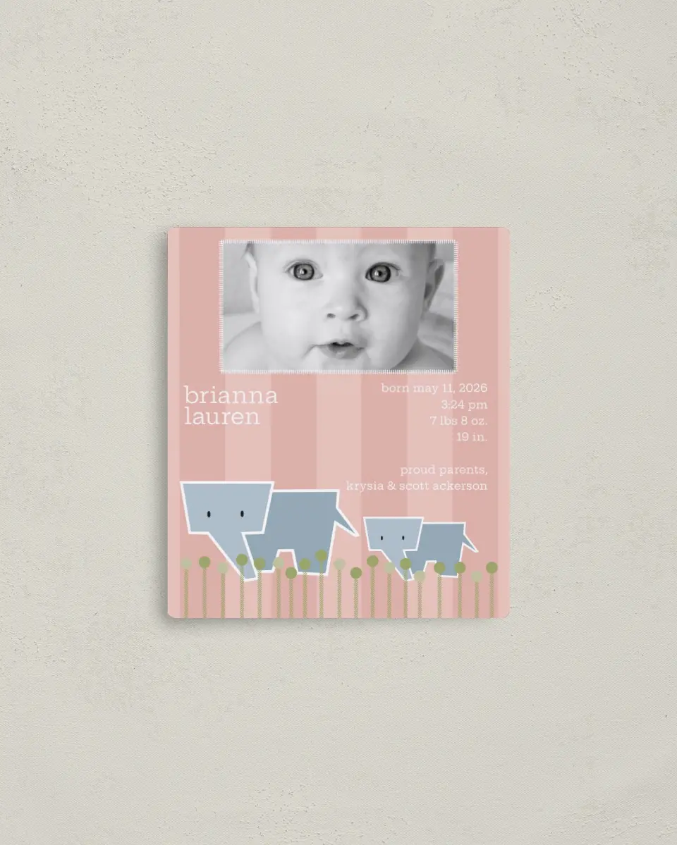 This is a 3½" x 4" Birth Announcement Magnet called Elephant printed in full color with a Luxe Satin finish