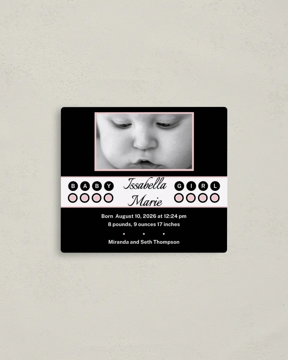 This is a 3½" x 4" Birth Announcement Magnet called Baby Doll Girl printed in full color with a Luxe Satin finish