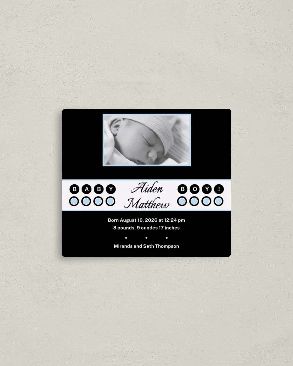 This is a 3½" x 4" Birth Announcement Magnet called Baby Doll Boy printed in full color with a Luxe Satin finish