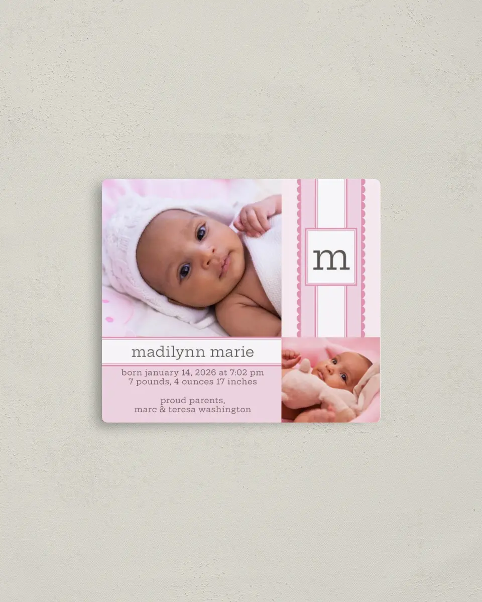 This is a 3½" x 4" Birth Announcement Magnet called Ribbon printed in full color with a Luxe Satin finish