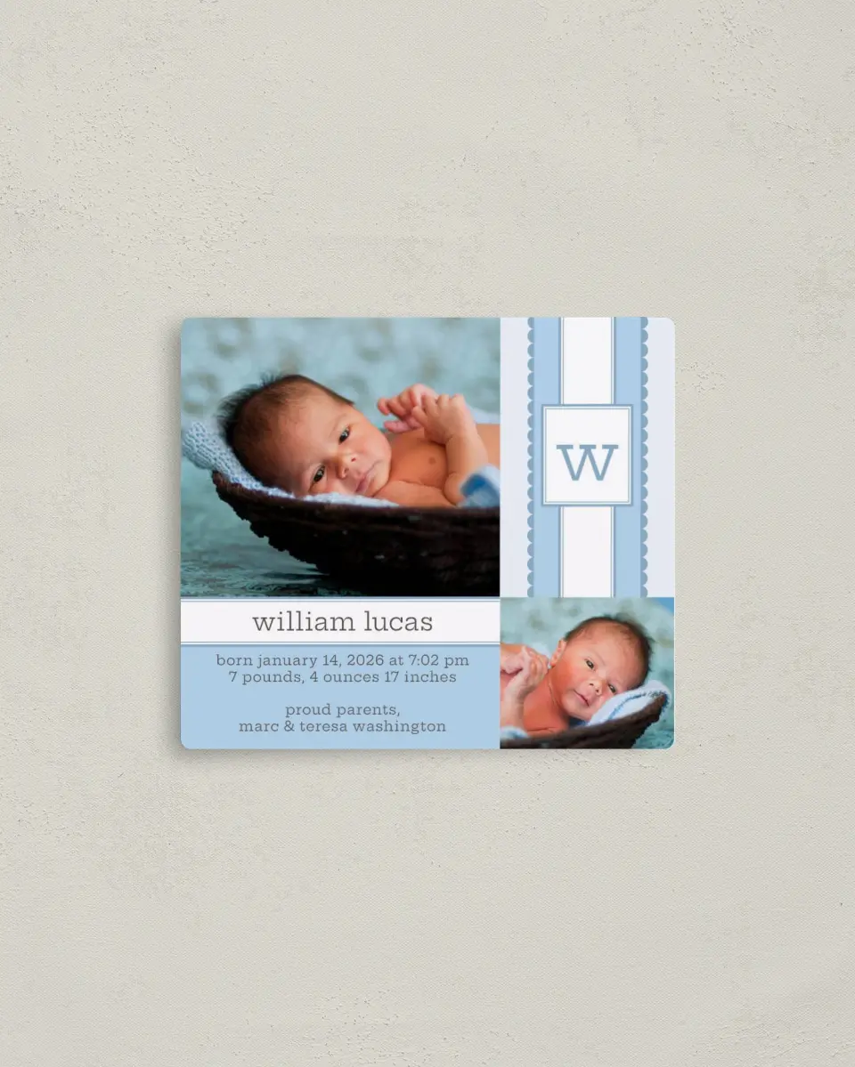 This is a 3½" x 4" Birth Announcement Magnet called Ribbon printed in full color with a Luxe Satin finish