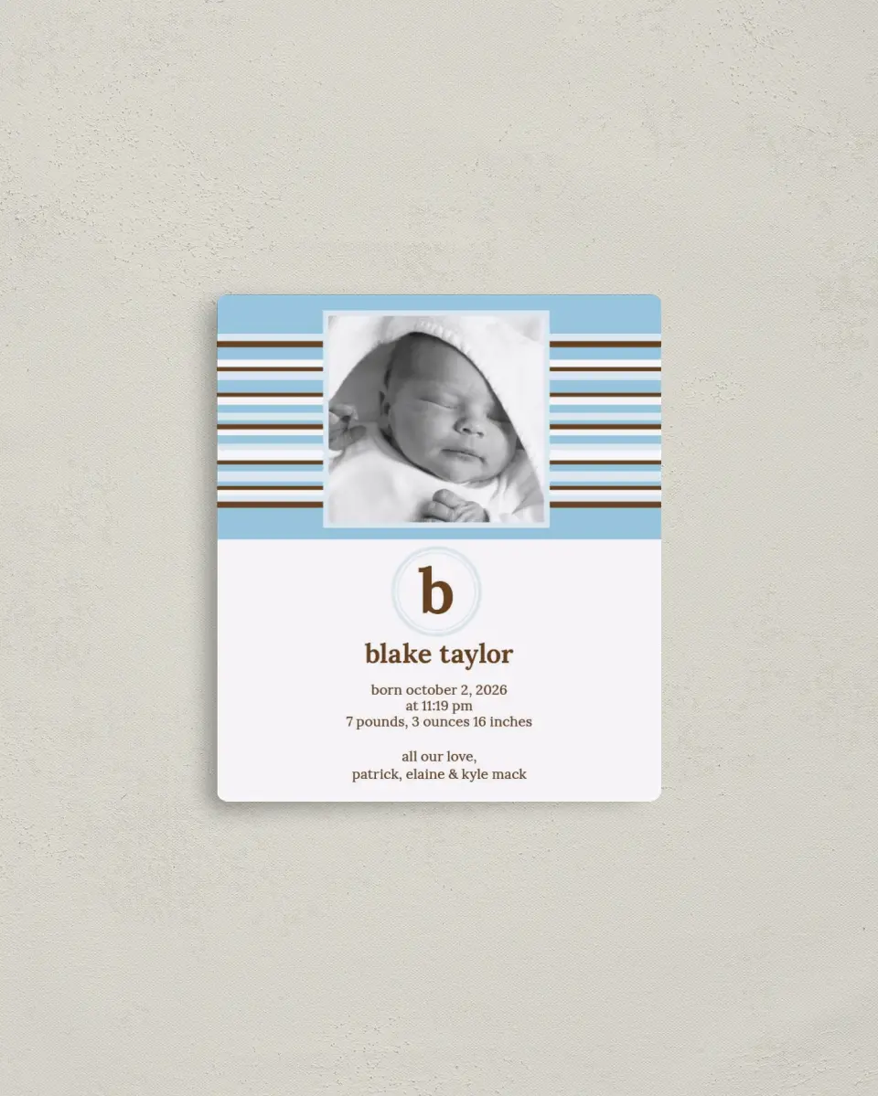 This is a 3½" x 4" Birth Announcement Magnet called Striped Monogram printed in full color with a Luxe Satin finish